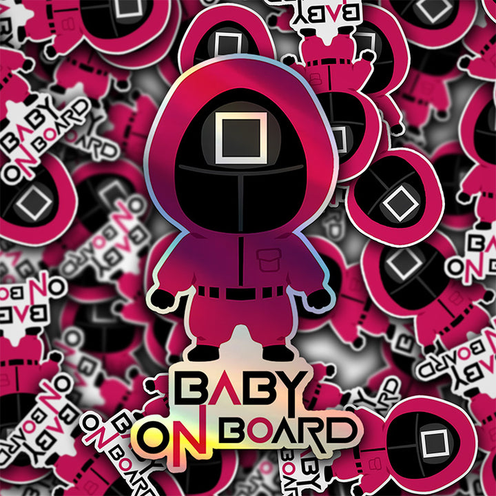 Squid Game Inspired Baby On Board Sticker - Square Guard Holographic Design - Cute Pink Character Car Decal for Baby Safety - Unique Newborn Gift Idea