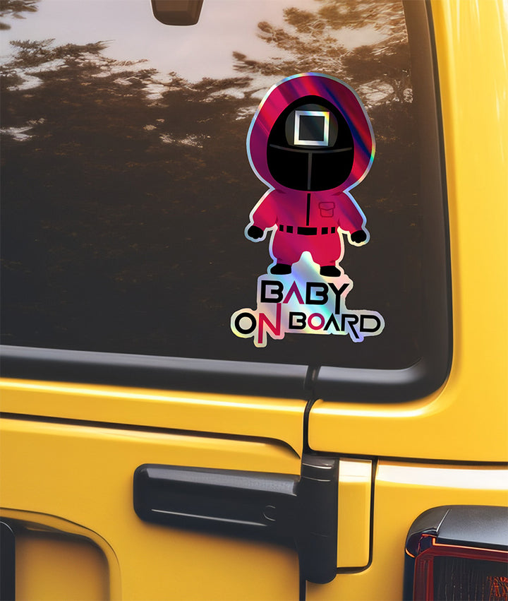 Squid Game Inspired Baby On Board Sticker - Square Guard Holographic Design - Cute Pink Character Car Decal for Baby Safety - Unique Newborn Gift Idea