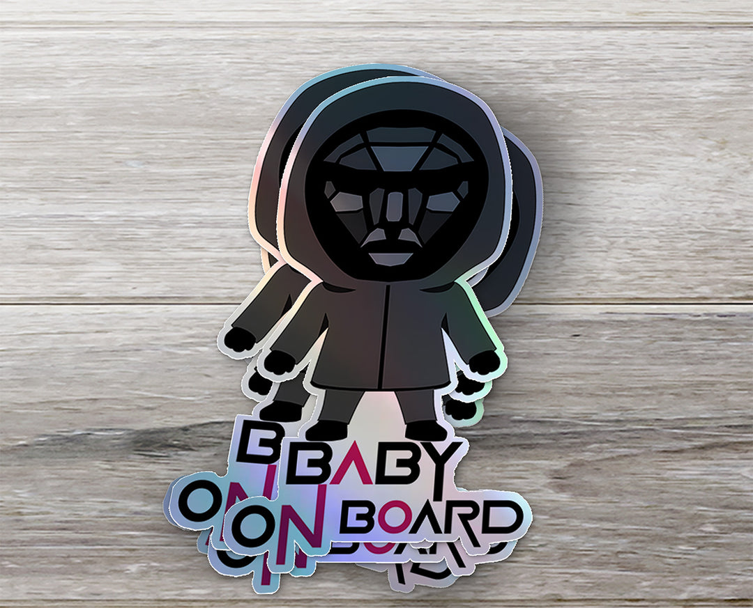 Squid Game Inspired Baby On Board Sticker - Front Man Holographic Design - Cute Black Character Car Decal for Baby Safety - Unique Gift Idea