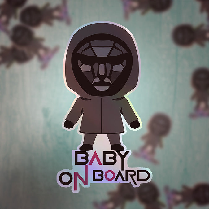 Squid Game Inspired Baby On Board Sticker - Front Man Holographic Design - Cute Black Character Car Decal for Baby Safety - Unique Gift Idea