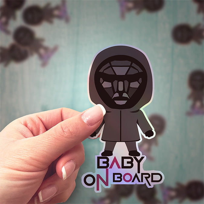 Squid Game Inspired Baby On Board Sticker - Front Man Holographic Design - Cute Black Character Car Decal for Baby Safety - Unique Gift Idea