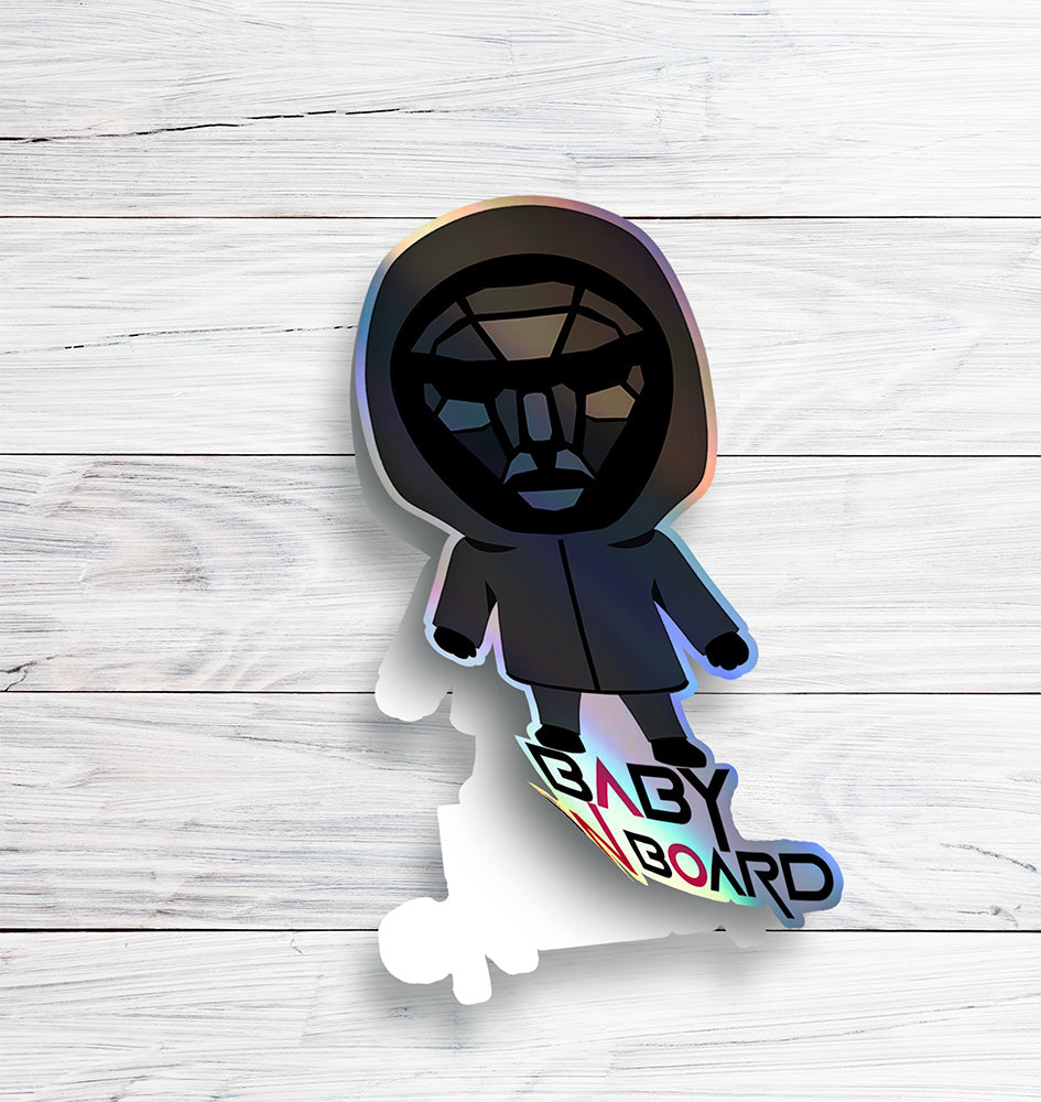 Squid Game Inspired Baby On Board Sticker - Front Man Holographic Design - Cute Black Character Car Decal for Baby Safety - Unique Gift Idea