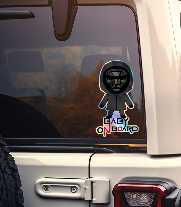 Squid Game Inspired Baby On Board Sticker - Front Man Holographic Design - Cute Black Character Car Decal for Baby Safety - Unique Gift Idea