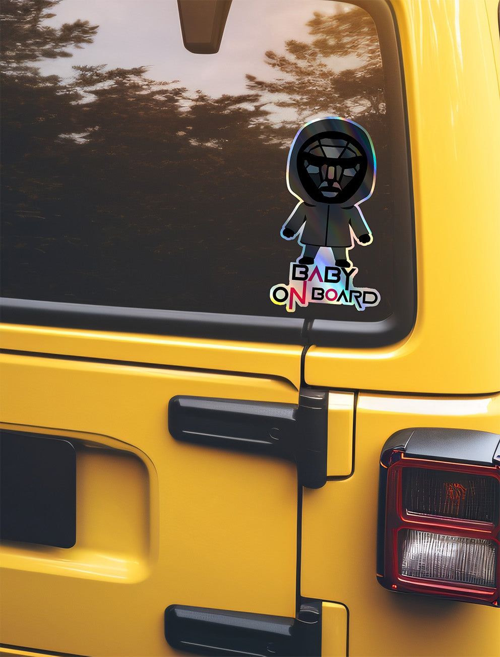 Squid Game Inspired Baby On Board Sticker - Front Man Holographic Design - Cute Black Character Car Decal for Baby Safety - Unique Gift Idea