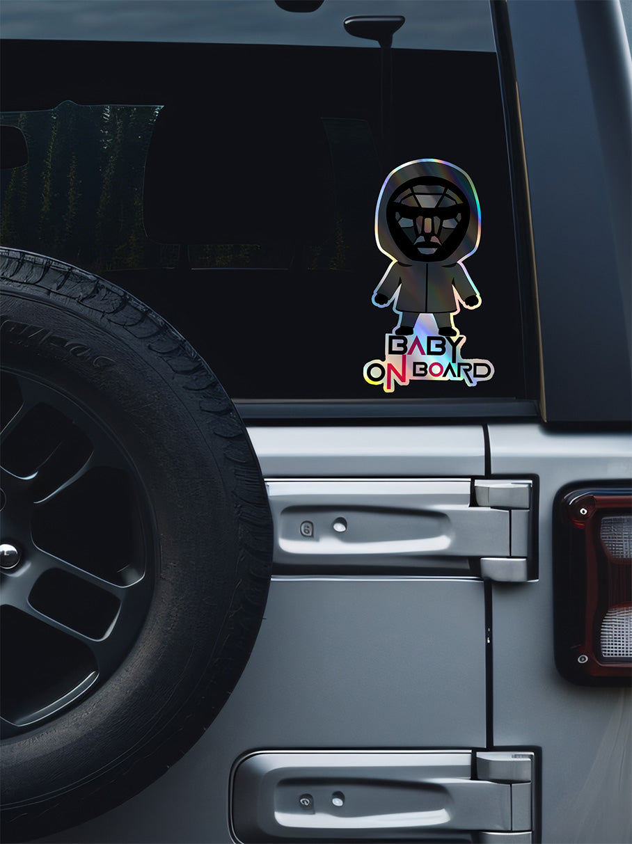 Squid Game Inspired Baby On Board Sticker - Front Man Holographic Design - Cute Black Character Car Decal for Baby Safety - Unique Gift Idea