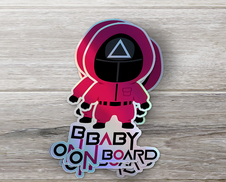 Squid Game Inspired Baby On Board Sticker - Triangle Guard Holographic Design Cute Pink Character Car Decal for Baby Safety Unique Gift Idea