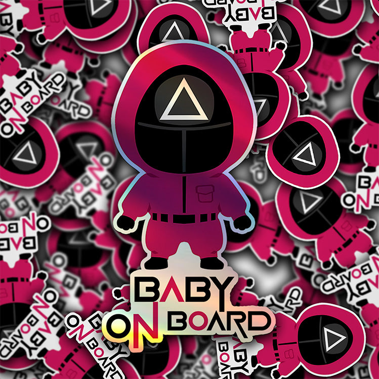 Squid Game Inspired Baby On Board Sticker - Triangle Guard Holographic Design Cute Pink Character Car Decal for Baby Safety Unique Gift Idea