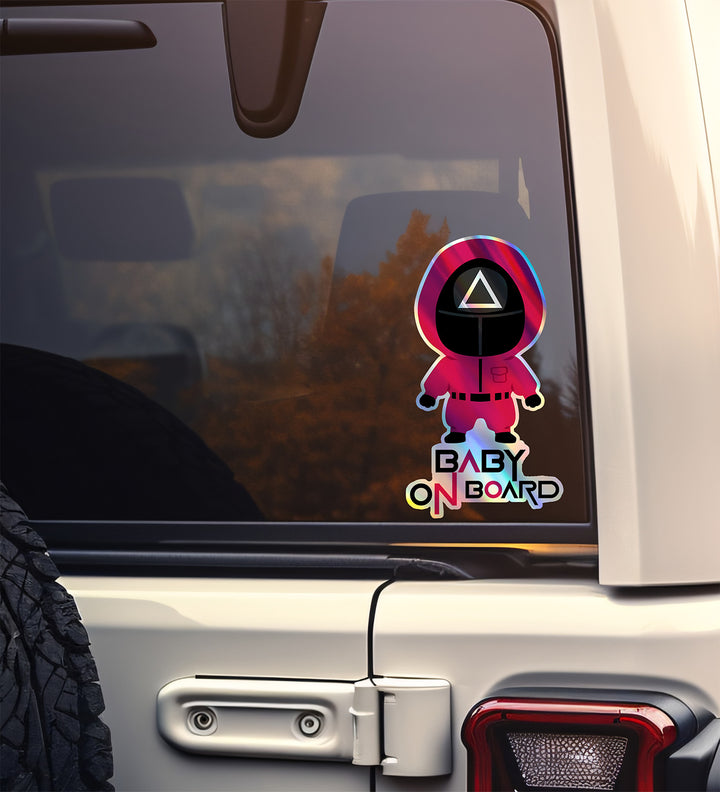 Squid Game Inspired Baby On Board Sticker - Triangle Guard Holographic Design Cute Pink Character Car Decal for Baby Safety Unique Gift Idea