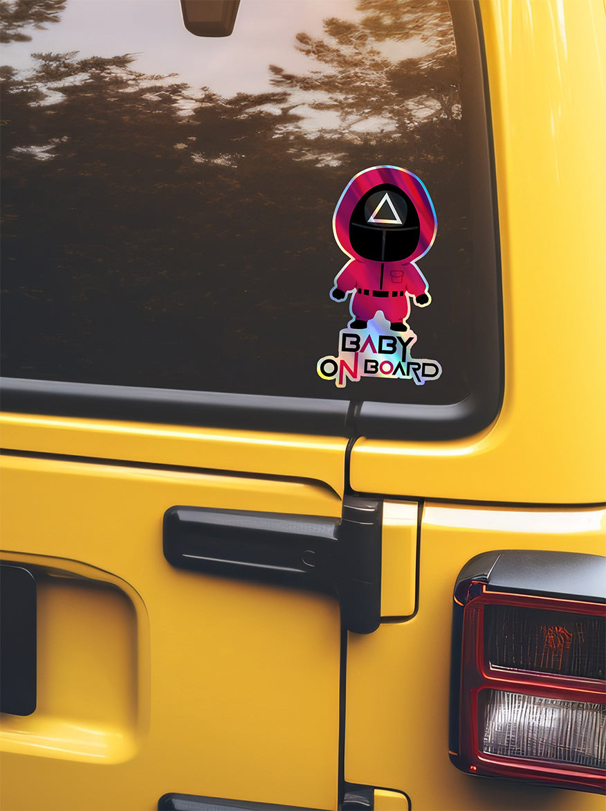 Squid Game Inspired Baby On Board Sticker - Triangle Guard Holographic Design Cute Pink Character Car Decal for Baby Safety Unique Gift Idea