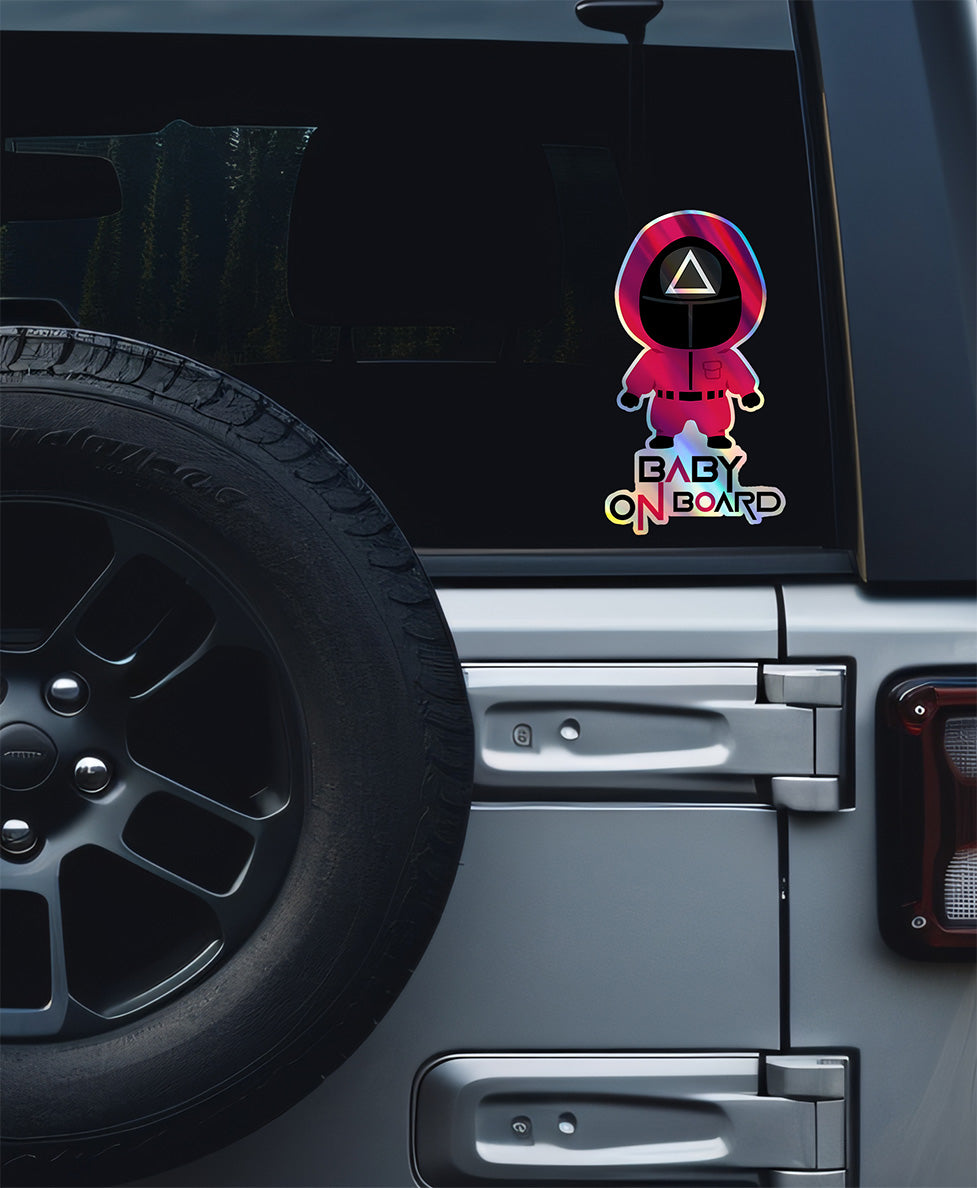 Squid Game Inspired Baby On Board Sticker - Triangle Guard Holographic Design Cute Pink Character Car Decal for Baby Safety Unique Gift Idea