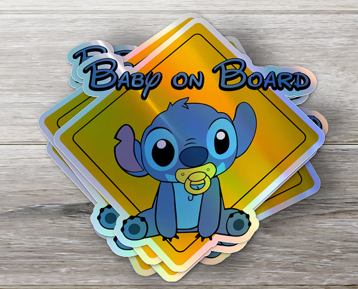 Baby On Board - Baby on Board Car Window Sticker - Lilo and Stitch Waterproof & Holographic - Eye-catching Yellow Diamond Shape