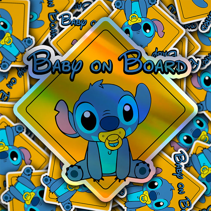 Baby On Board - Baby on Board Car Window Sticker - Lilo and Stitch Waterproof & Holographic - Eye-catching Yellow Diamond Shape