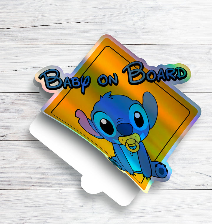 Baby On Board - Baby on Board Car Window Sticker - Lilo and Stitch Waterproof & Holographic - Eye-catching Yellow Diamond Shape