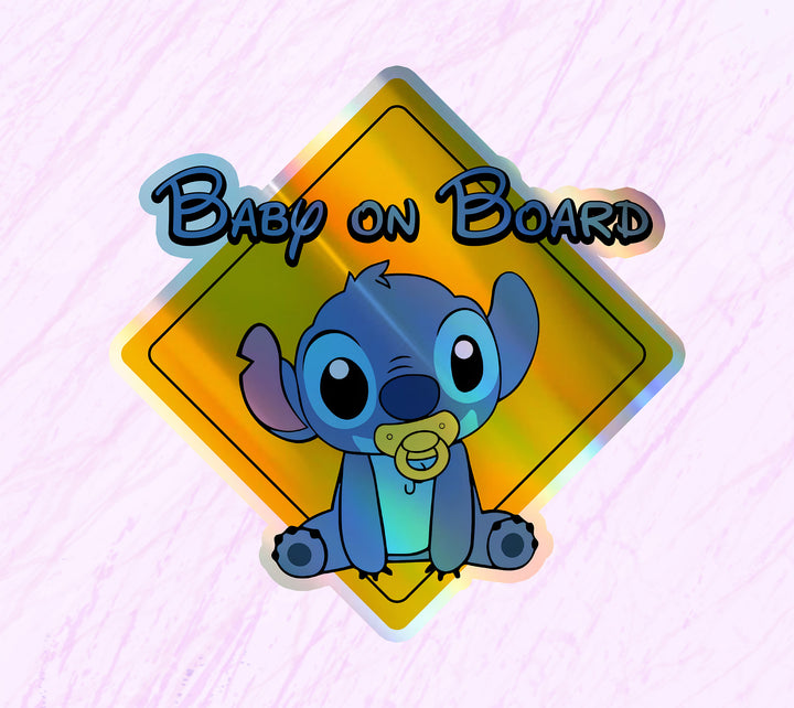 Baby On Board - Baby on Board Car Window Sticker - Lilo and Stitch Waterproof & Holographic - Eye-catching Yellow Diamond Shape