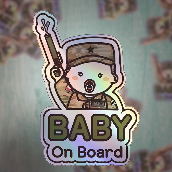 Baby on Board Car Sticker - Baby Boy US Army Character Design  - Holographic & Weather-Resistant