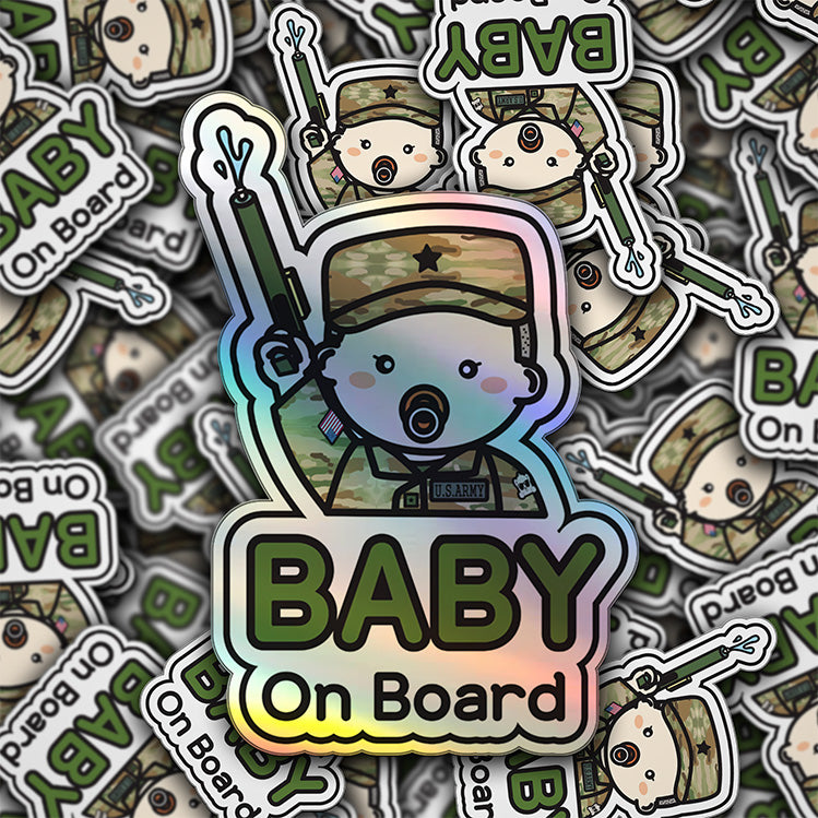 Baby on Board Car Sticker - Baby Boy US Army Character Design  - Holographic & Weather-Resistant