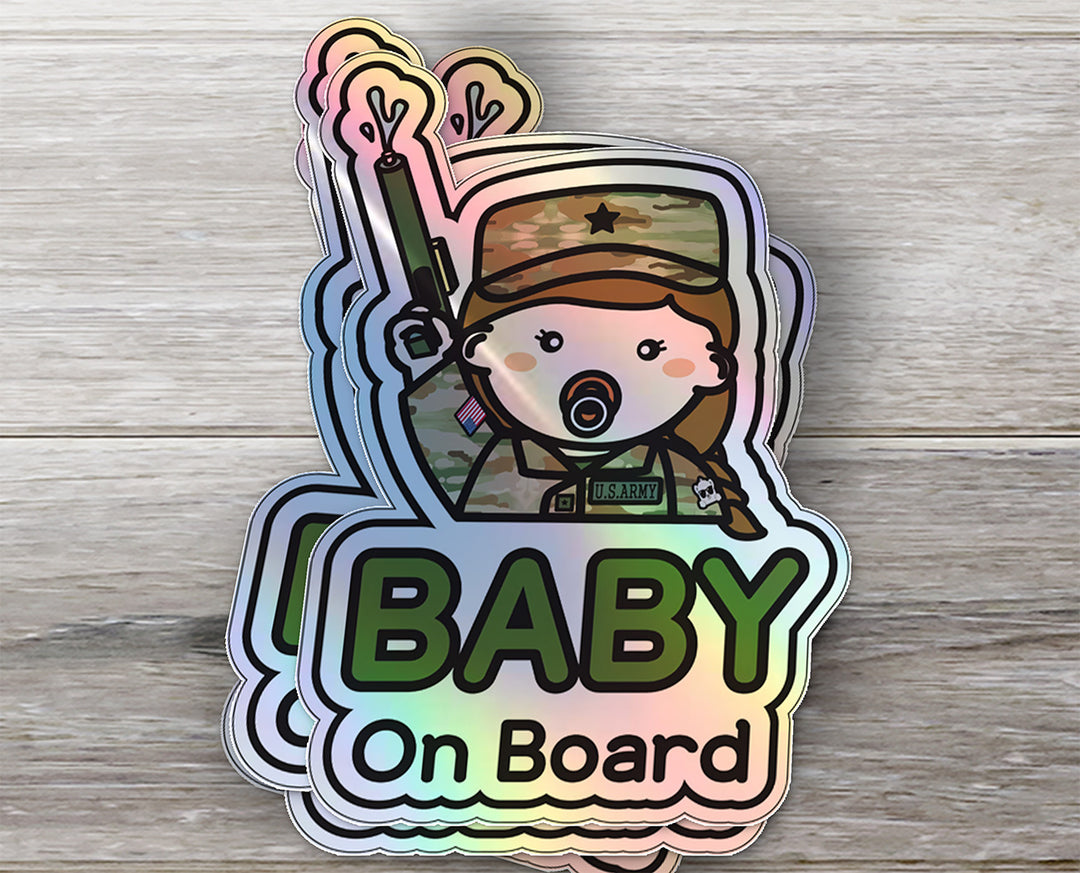 Baby on Board Car Sticker - Baby Girl US Army Character Design  - Holographic & Weather-Resistant