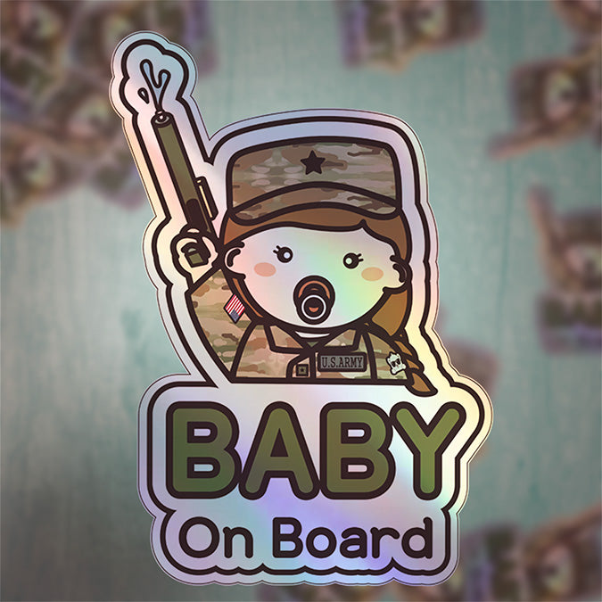 Baby on Board Car Sticker - Baby Girl US Army Character Design  - Holographic & Weather-Resistant