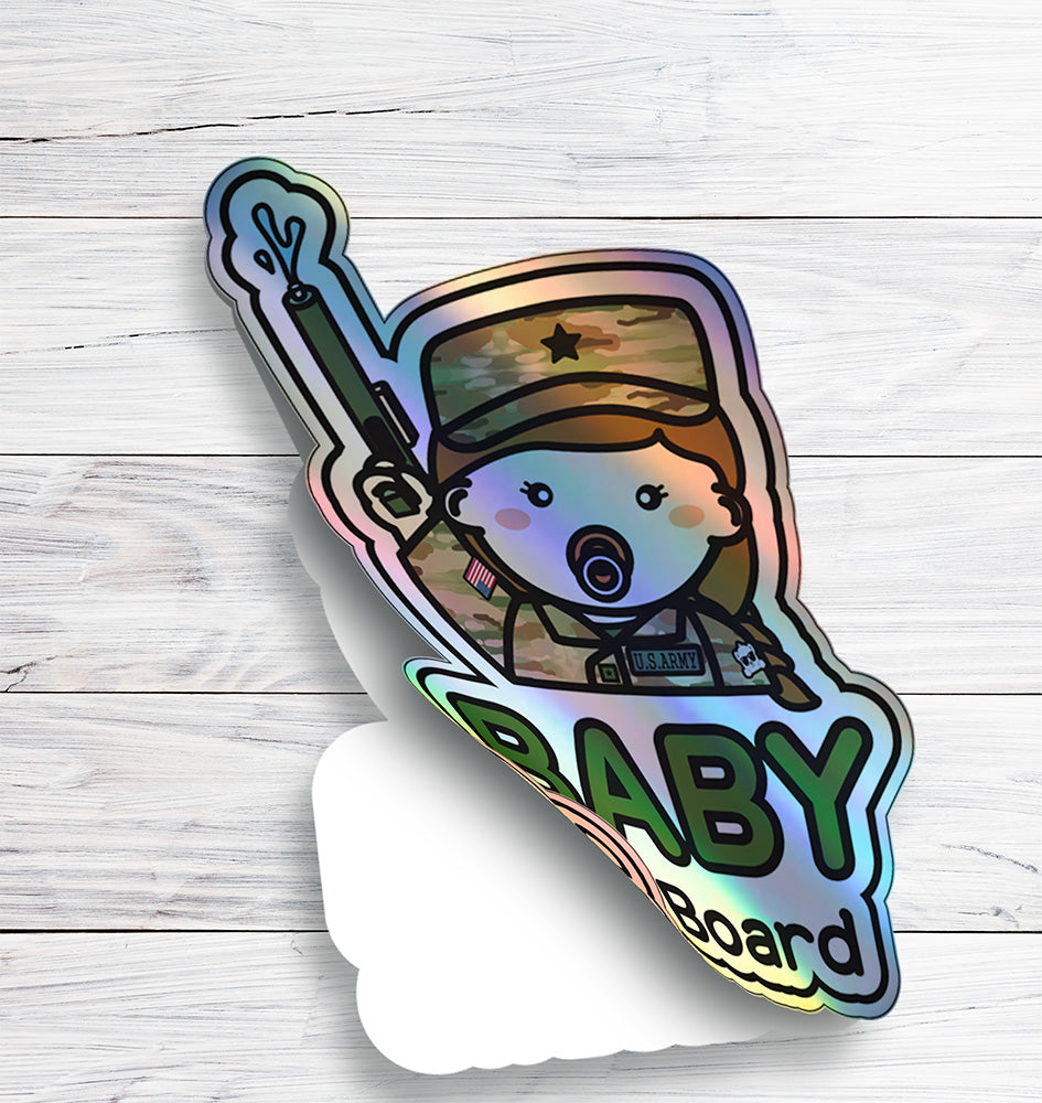 Baby on Board Car Sticker - Baby Girl US Army Character Design  - Holographic & Weather-Resistant