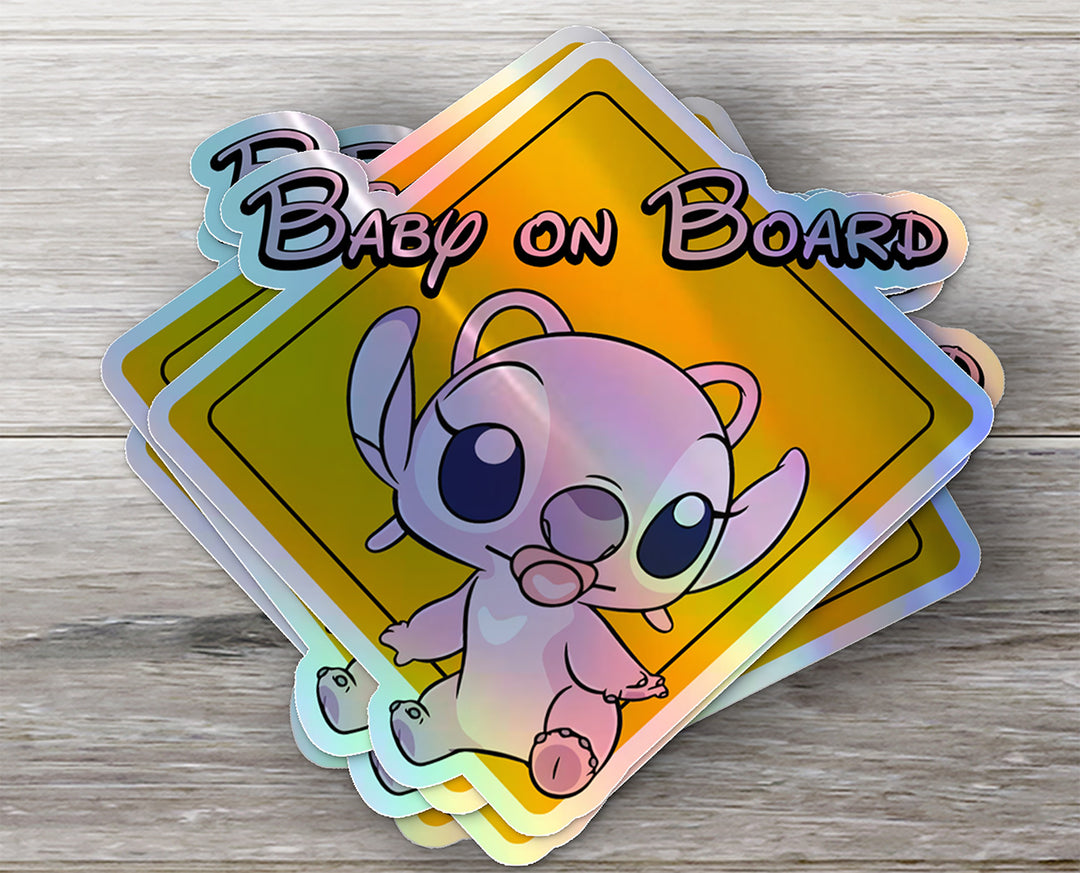 Baby on Board Car Window Sticker -Angel From Lilo and Stitch-Waterproof & Holographic - Eye-catching Yellow Diamond Shape