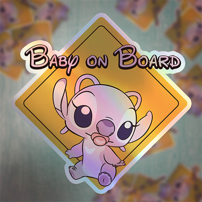 Baby on Board Car Window Sticker -Angel From Lilo and Stitch-Waterproof & Holographic - Eye-catching Yellow Diamond Shape