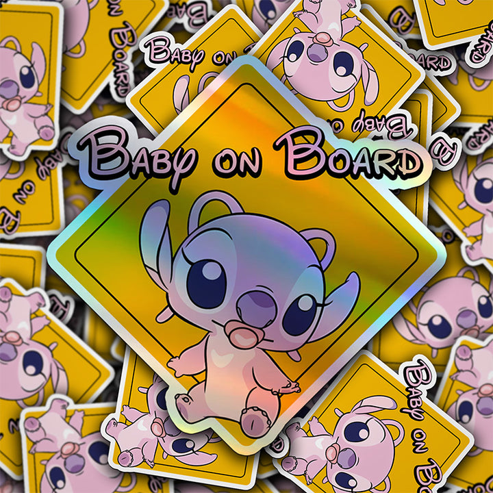 Baby on Board Car Window Sticker -Angel From Lilo and Stitch-Waterproof & Holographic - Eye-catching Yellow Diamond Shape