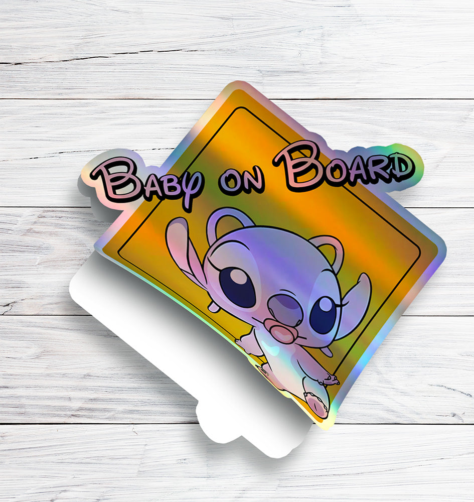 Baby on Board Car Window Sticker -Angel From Lilo and Stitch-Waterproof & Holographic - Eye-catching Yellow Diamond Shape