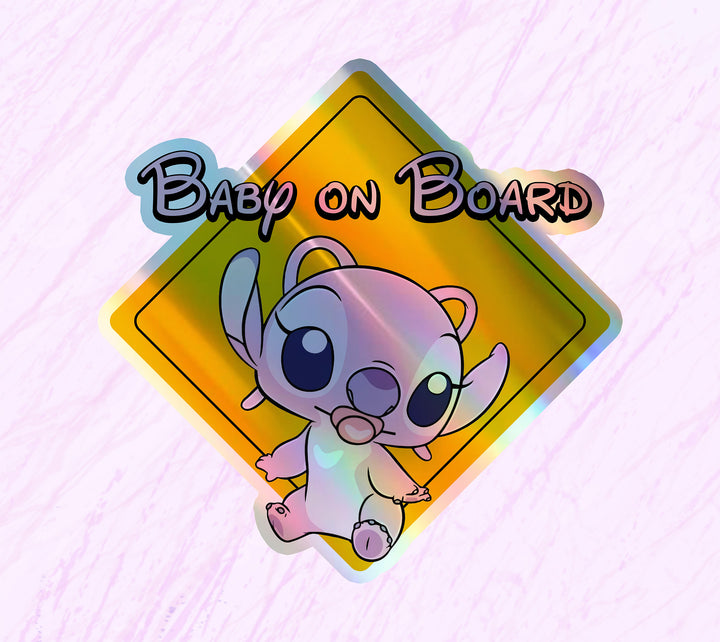 Baby on Board Car Window Sticker -Angel From Lilo and Stitch-Waterproof & Holographic - Eye-catching Yellow Diamond Shape