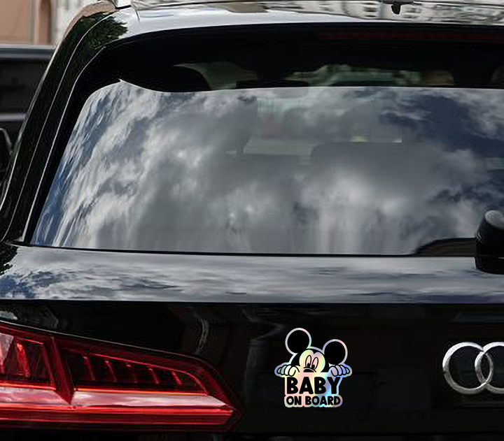 Mickey Mouse on Board - Car Window Sticker - Waterproof & Holographic - Yellow Diamond Shape Baby on Board - Rozovy