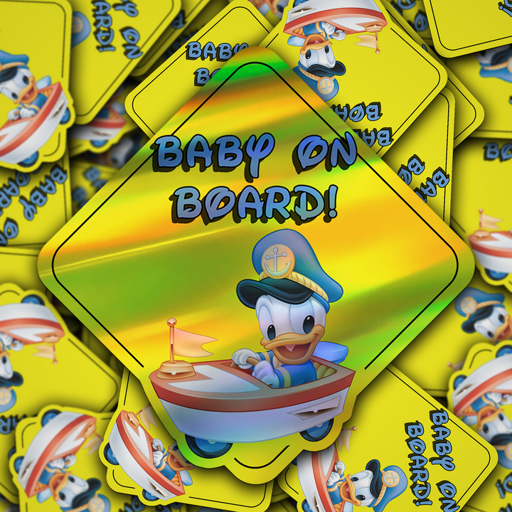 Baby Donald Duck in Boat - Disney Car Window Sticker - Waterproof & Holographic - Yellow Diamond Shape Baby on Board - Rozovy