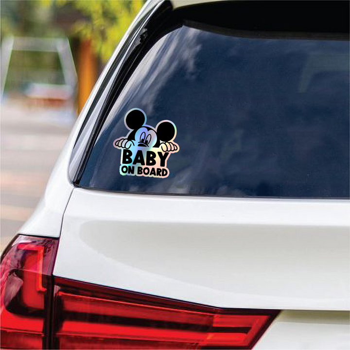 Mickey Mouse on Board - Car Window Sticker - Waterproof & Holographic - Yellow Diamond Shape Baby on Board - Rozovy