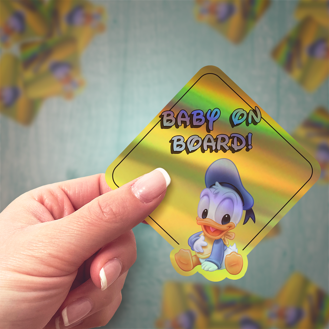 Baby Donald Duck on Board - Car Window Sticker - Waterproof & Holographic - Yellow Diamond Shape Baby on Board - Rozovy