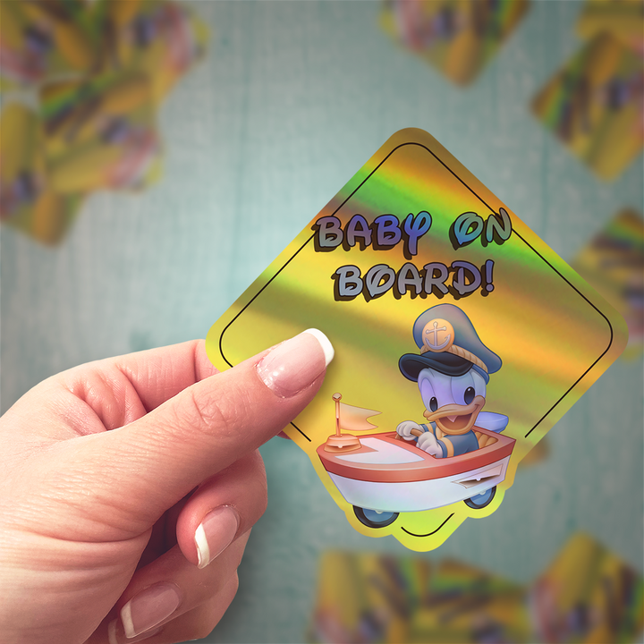 Baby Donald Duck in Boat - Disney Car Window Sticker - Waterproof & Holographic - Yellow Diamond Shape Baby on Board - Rozovy