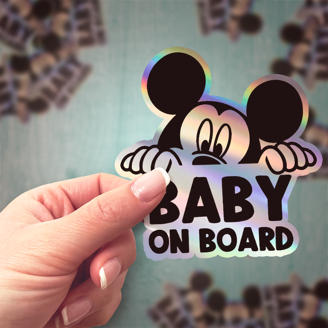 Mickey Mouse on Board - Car Window Sticker - Waterproof & Holographic - Yellow Diamond Shape Baby on Board - Rozovy