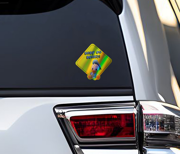 Baby Donald Duck on Board - Car Window Sticker - Waterproof & Holographic - Yellow Diamond Shape Baby on Board - Rozovy