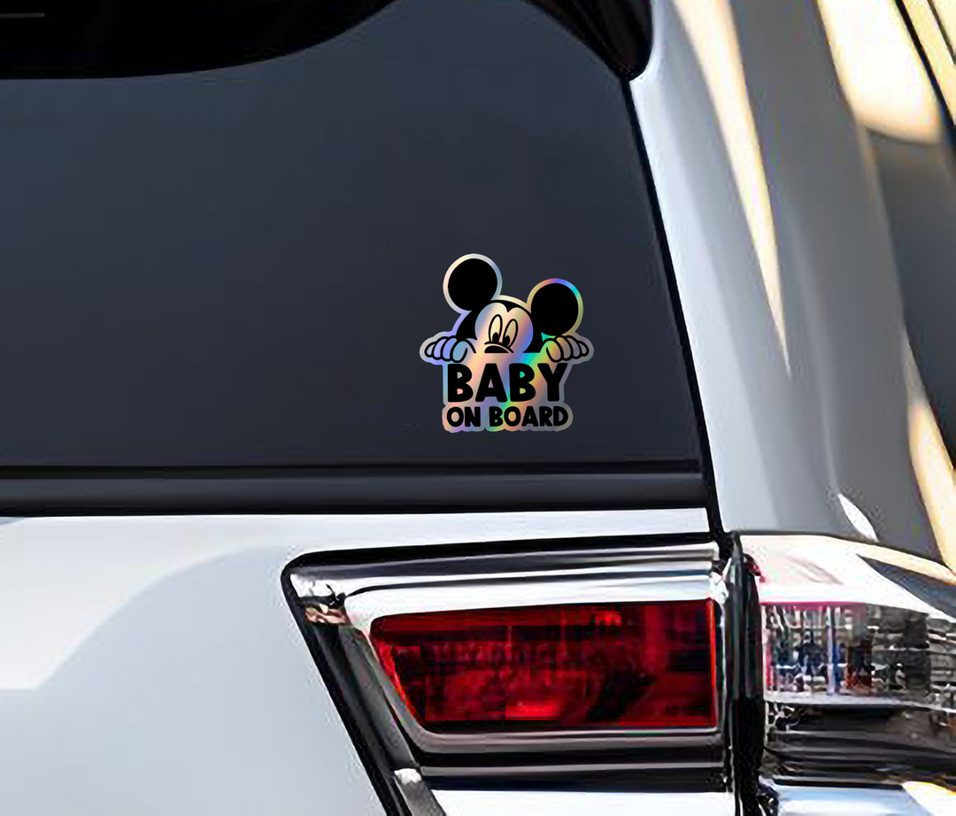 Mickey Mouse on Board - Car Window Sticker - Waterproof & Holographic - Yellow Diamond Shape Baby on Board - Rozovy