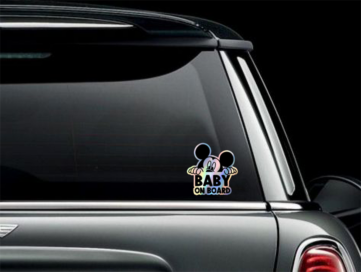 Mickey Mouse on Board - Car Window Sticker - Waterproof & Holographic - Yellow Diamond Shape Baby on Board - Rozovy