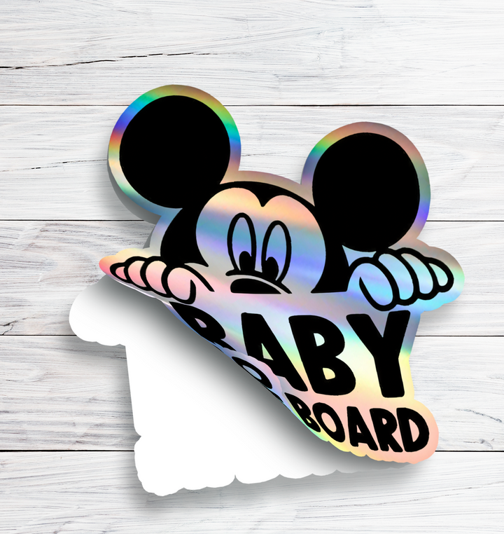 Mickey Mouse on Board - Car Window Sticker - Waterproof & Holographic - Yellow Diamond Shape Baby on Board - Rozovy