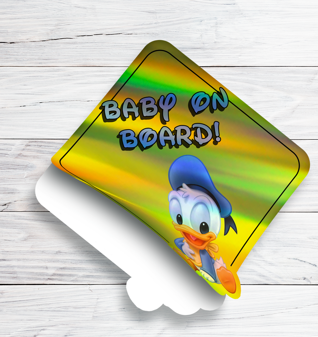 Baby Donald Duck in Boat - Disney Car Window Sticker - Waterproof & Holographic - Yellow Diamond Shape Baby on Board - Rozovy