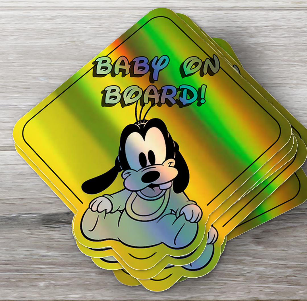 Baby Goofy on Board - Car Window Sticker - Waterproof & Holographic - Yellow Diamond Shape Baby on Board - Rozovy