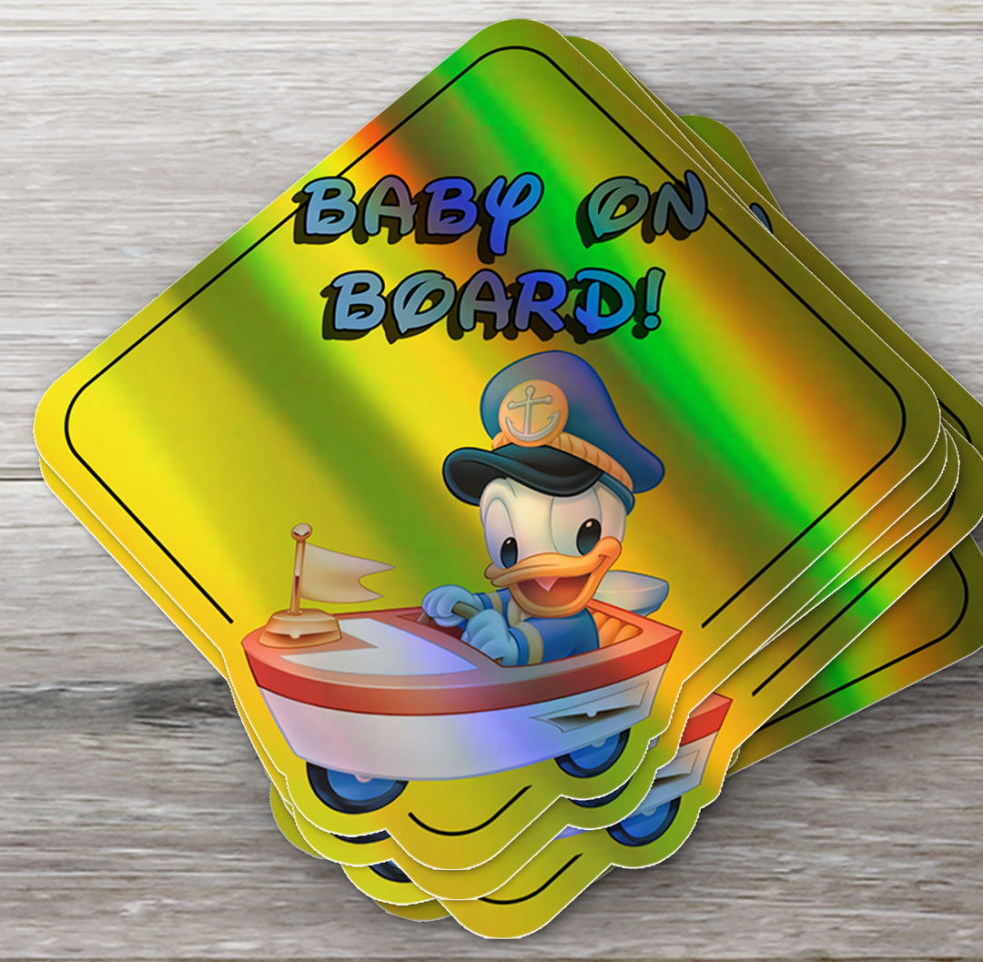 Baby Donald Duck in Boat - Disney Car Window Sticker - Waterproof & Holographic - Yellow Diamond Shape Baby on Board - Rozovy