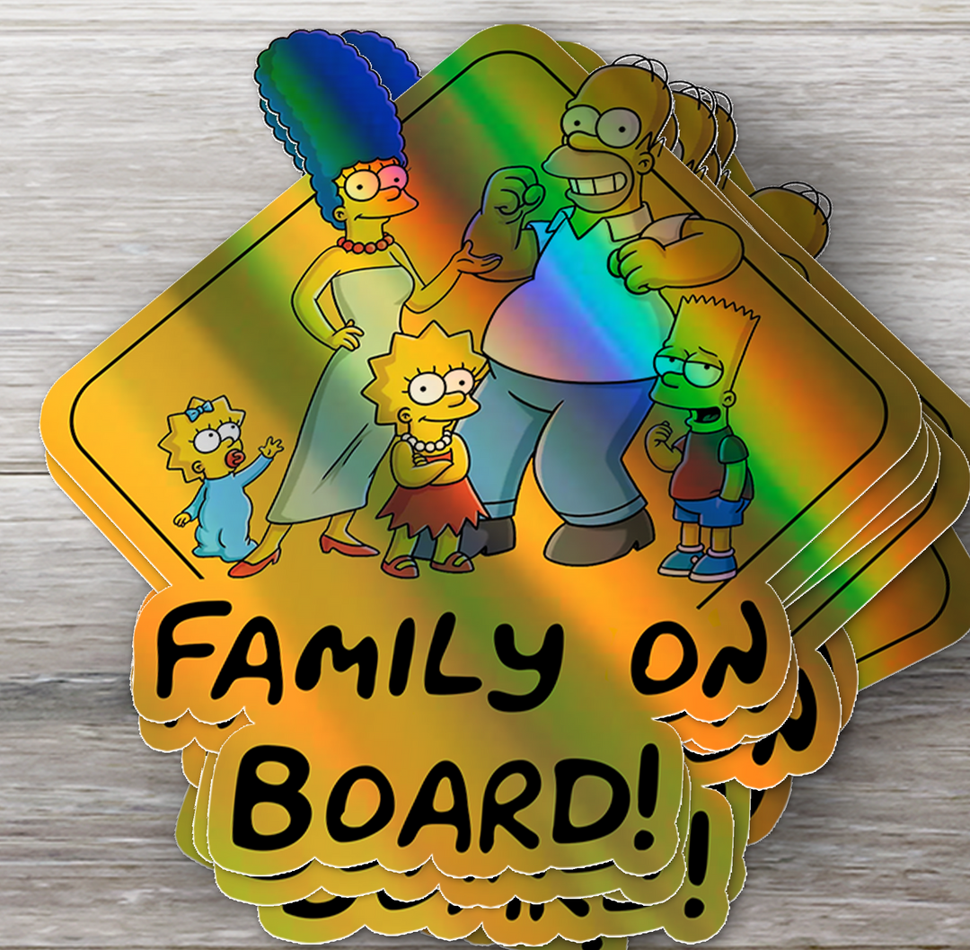 Simpsons Family on Board - Car Window Sticker - Waterproof & Holographic - Yellow Diamond Shape Baby on Board - Rozovy