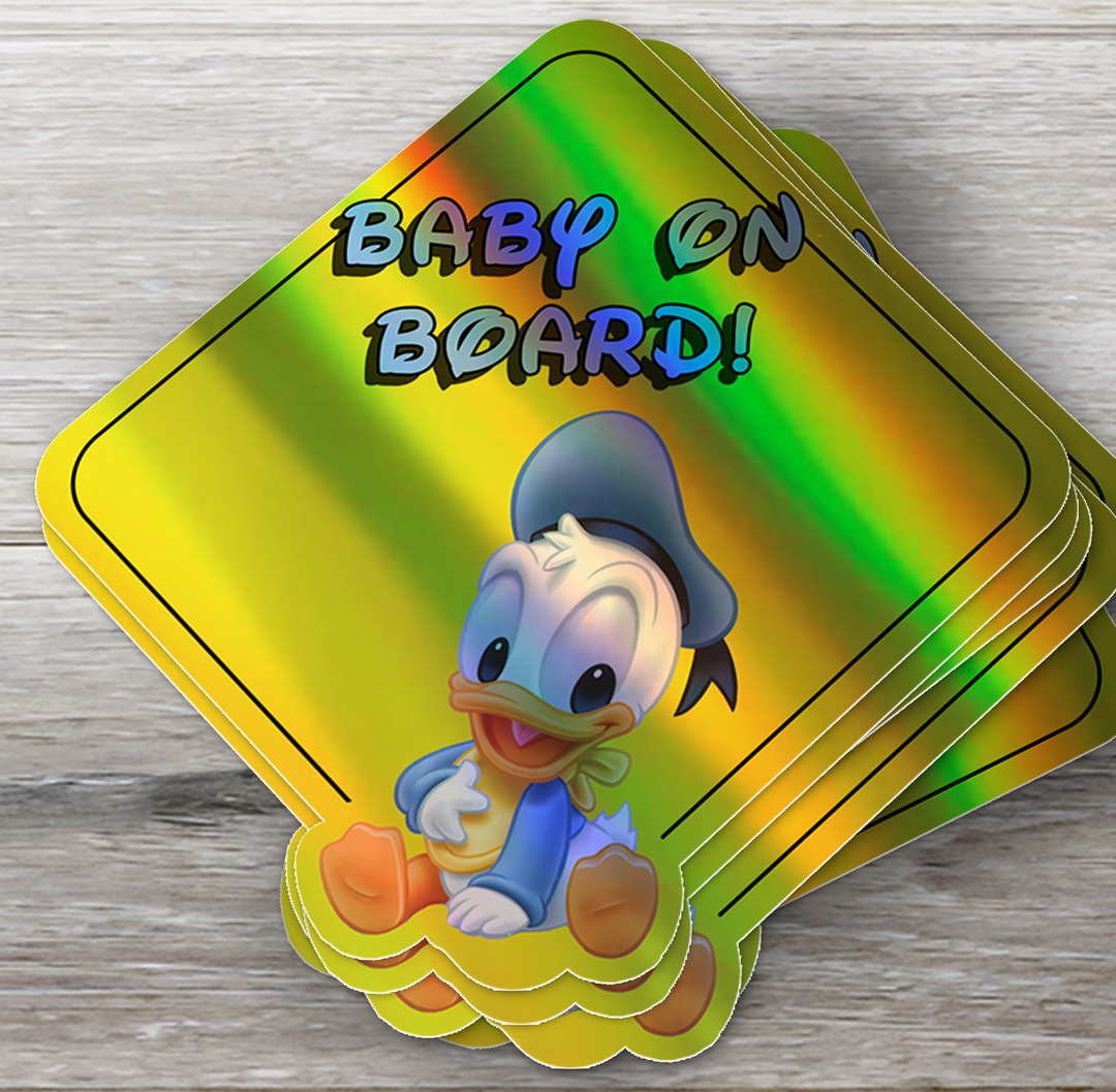 Baby Donald Duck on Board - Car Window Sticker - Waterproof & Holographic - Yellow Diamond Shape Baby on Board - Rozovy