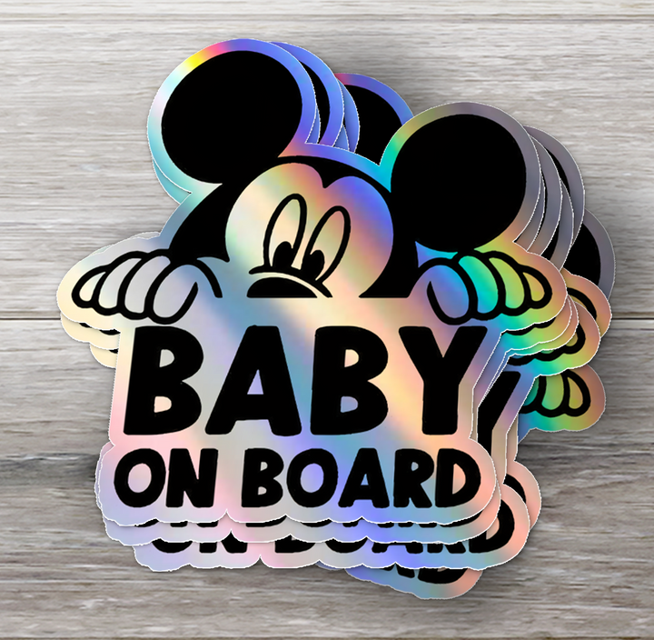 Mickey Mouse on Board - Car Window Sticker - Waterproof & Holographic - Yellow Diamond Shape Baby on Board - Rozovy