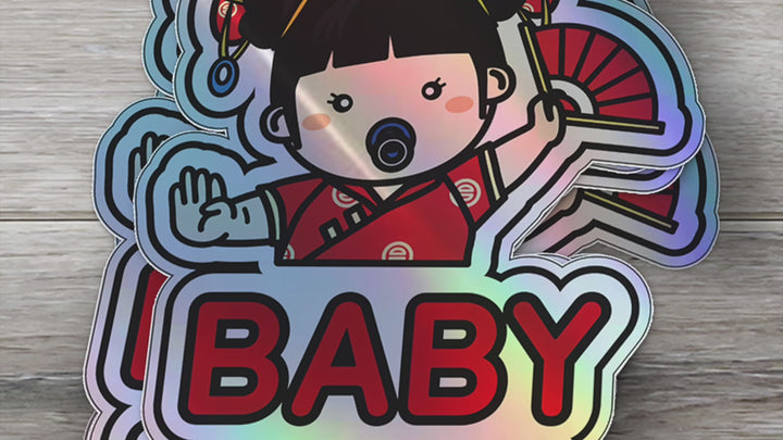 Baby on Board Car Sticker - Baby Asian American Girl Character Design  - Holographic & Weather-Resistant