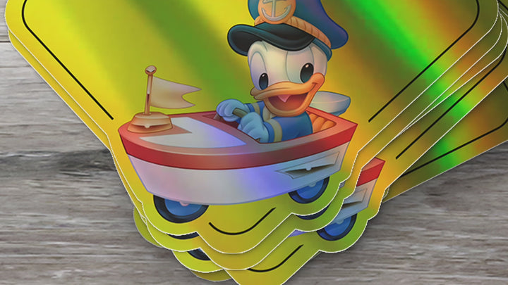 Baby Donald Duck in Boat - Disney Car Window Sticker - Waterproof & Holographic - Yellow Diamond Shape