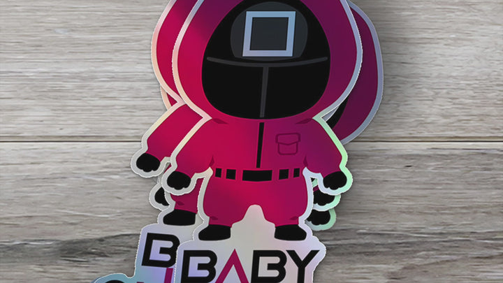 Squid Game Inspired Baby On Board Sticker - Square Guard Holographic Design - Cute Pink Character Car Decal for Baby Safety - Unique Newborn Gift Idea