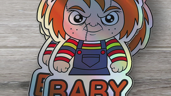 Holographic Baby On Board Chucky Sticker | Creepy Cute Horror Doll Inspired Car Decal | Baby Safety Sticker | Child's Play Fan Decor