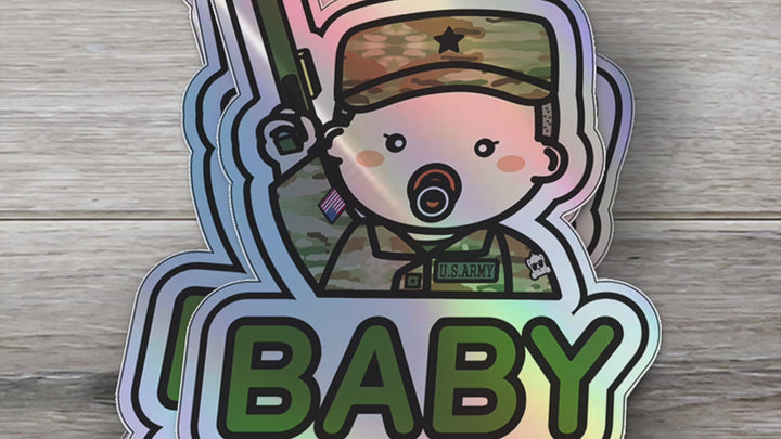 Baby on Board Car Sticker - Baby Boy US Army Character Design  - Holographic & Weather-Resistant