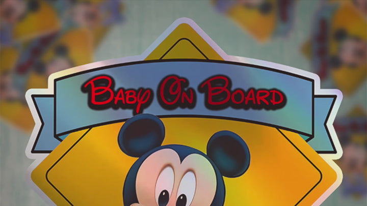 Baby Mickey - Baby on Board Car Window Sticker - Waterproof & Holographic - Eye-catching Yellow Diamond Shape